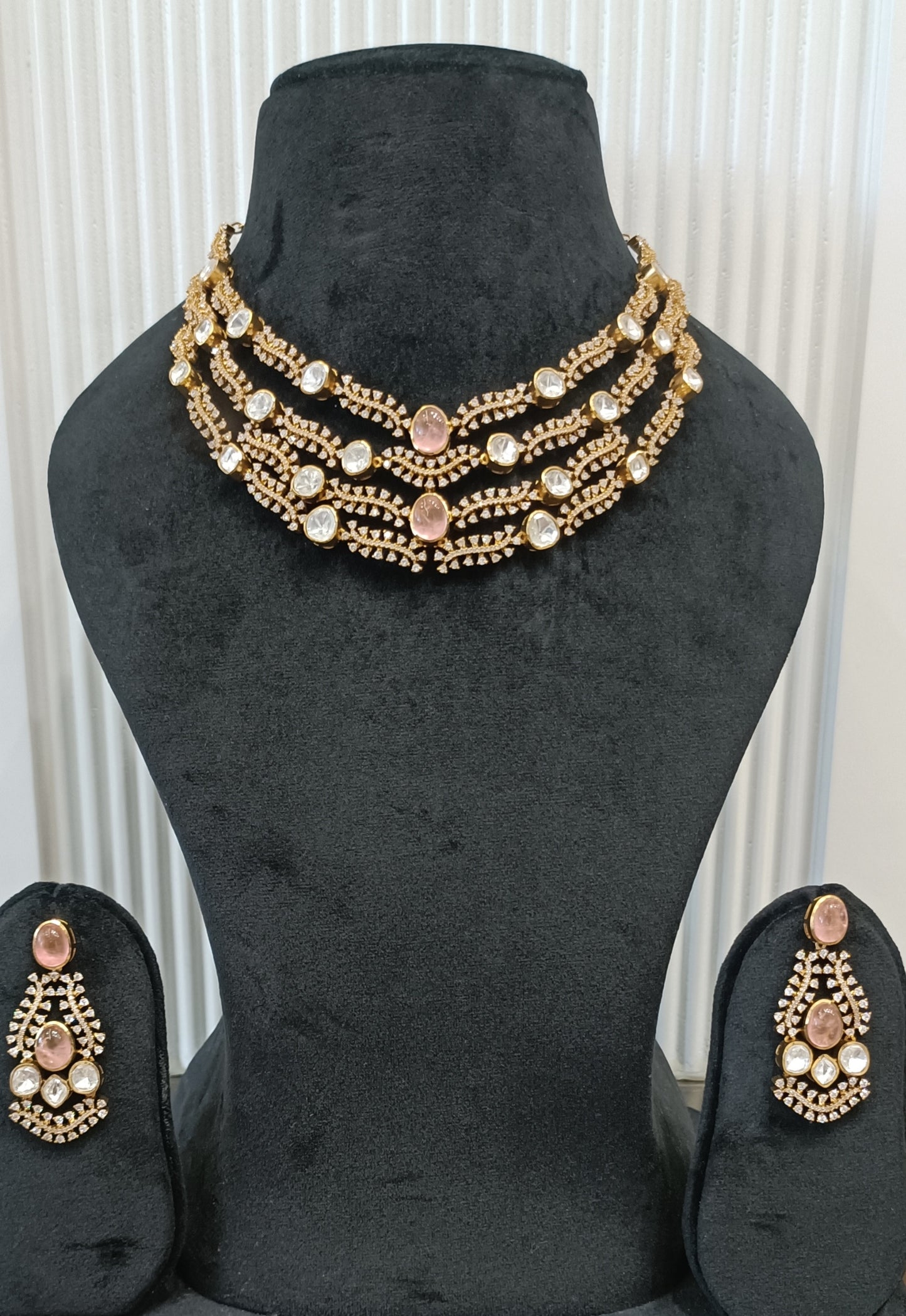 Pink Stone Layered Polki Necklace Set VNN571