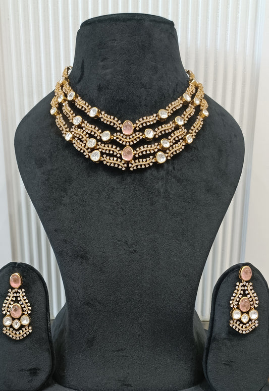 Pink Stone Layered Polki Necklace Set VNN571