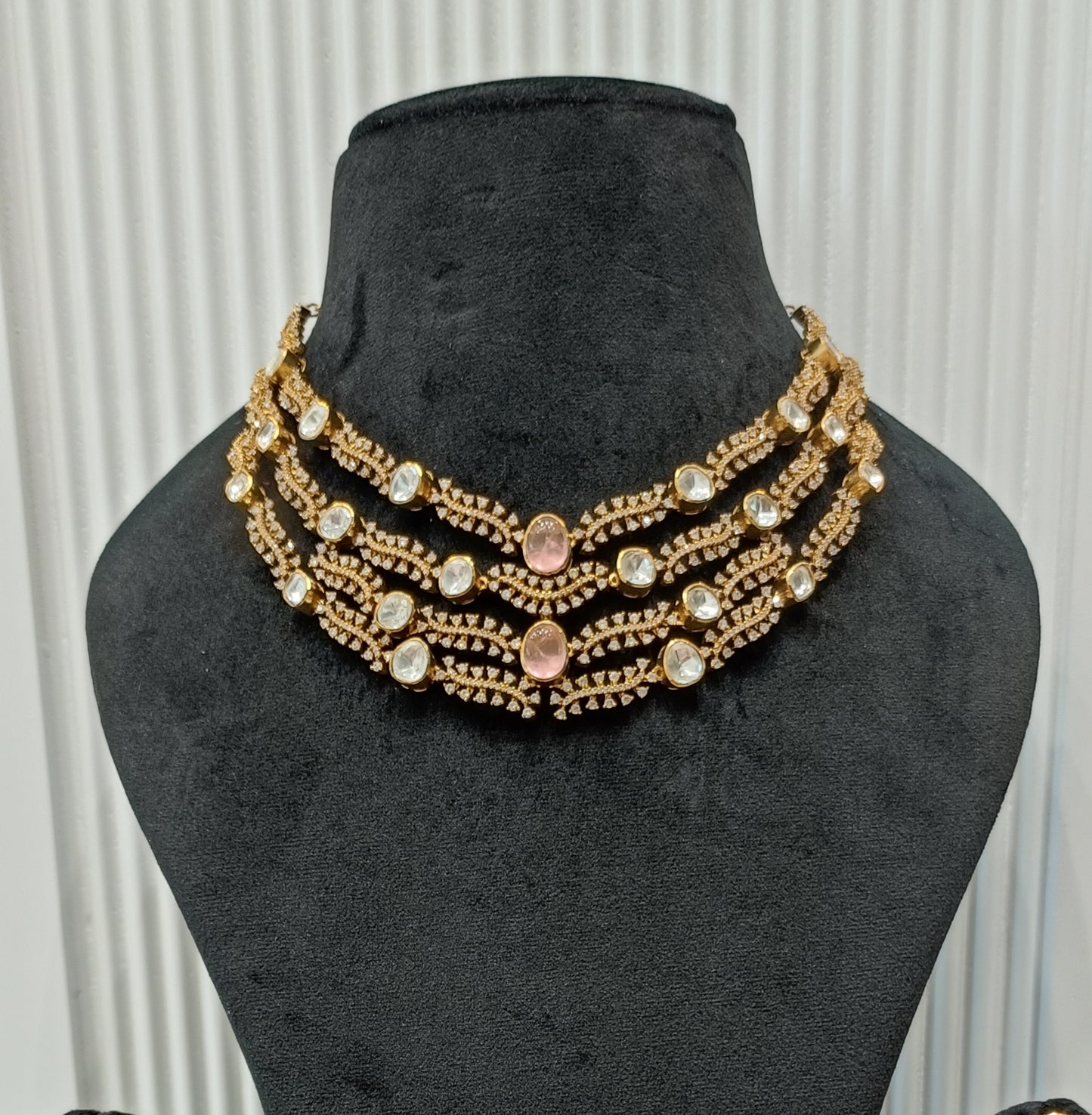Pink Stone Layered Polki Necklace Set VNN571