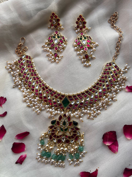 Emerald Ruby Pearl Jadau Necklace Set VNN602