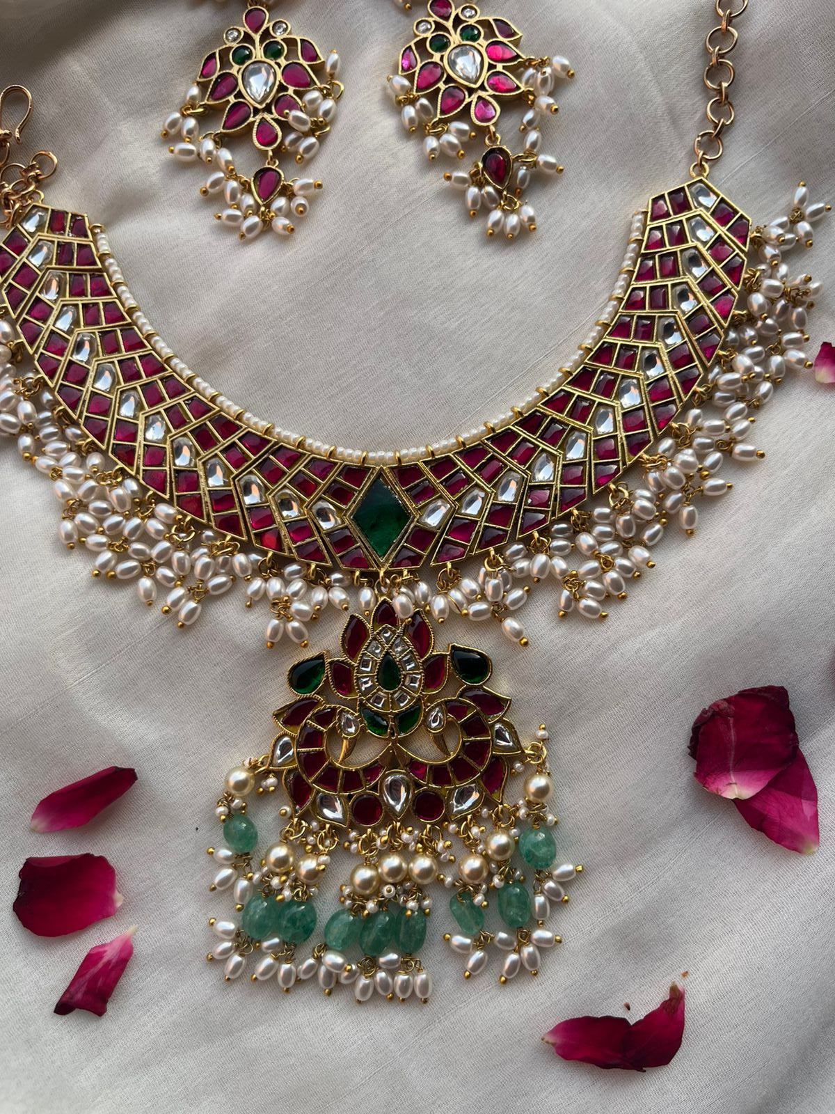Emerald Ruby Pearl Jadau Necklace Set VNN602