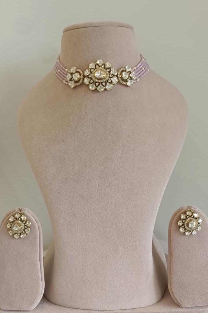 Multi Strand Beads Floral Polki Chokar Set- VNN603