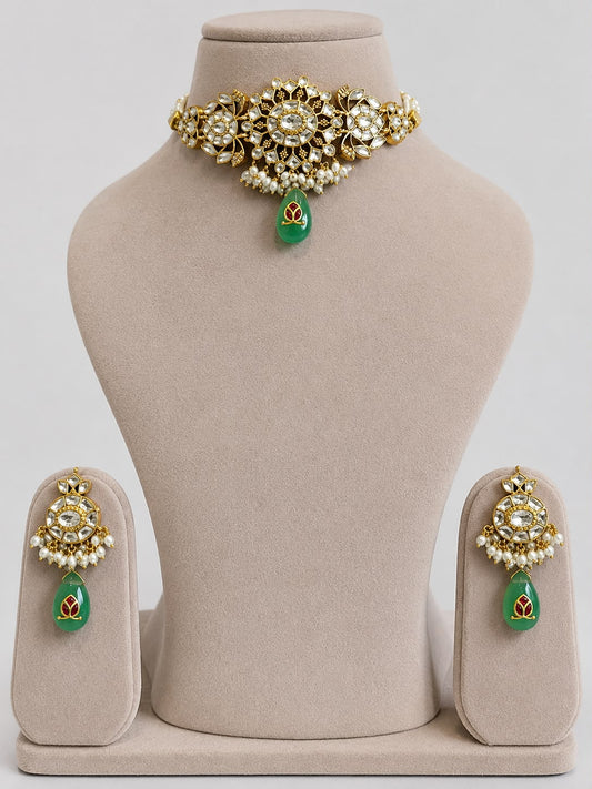 White Jadau Green Dangling Chokar Set VNN613
