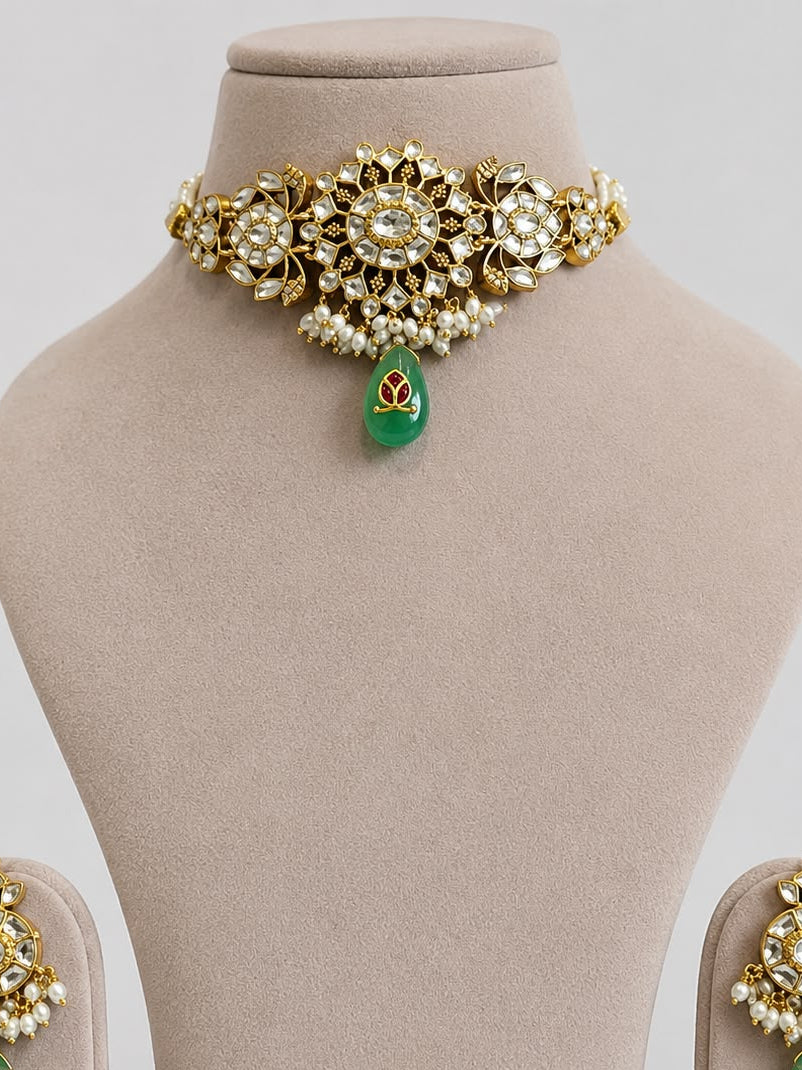White Jadau Green Dangling Chokar Set VNN613