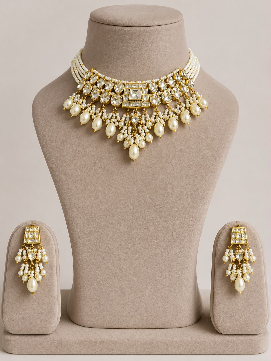 White Jadau Pearl Drop Necklace Set VNN614