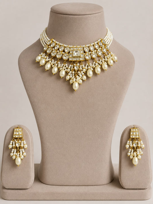 White Jadau Pearl Drop Necklace Set VNN614