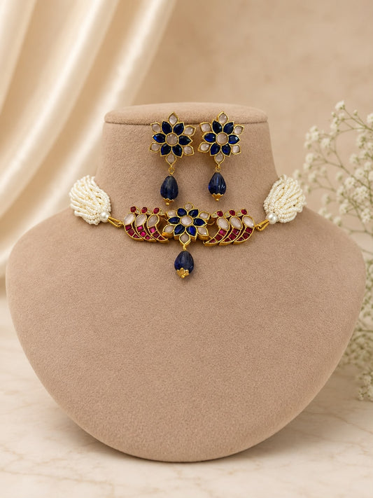 Floral Motifs Peacock Stone Chokar Set VNN617