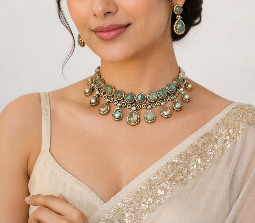 Mint Green Stone Polki Choker Set VNN625