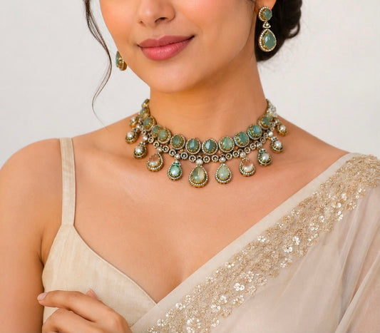 Mint Green Stone Polki Choker Set VNN625