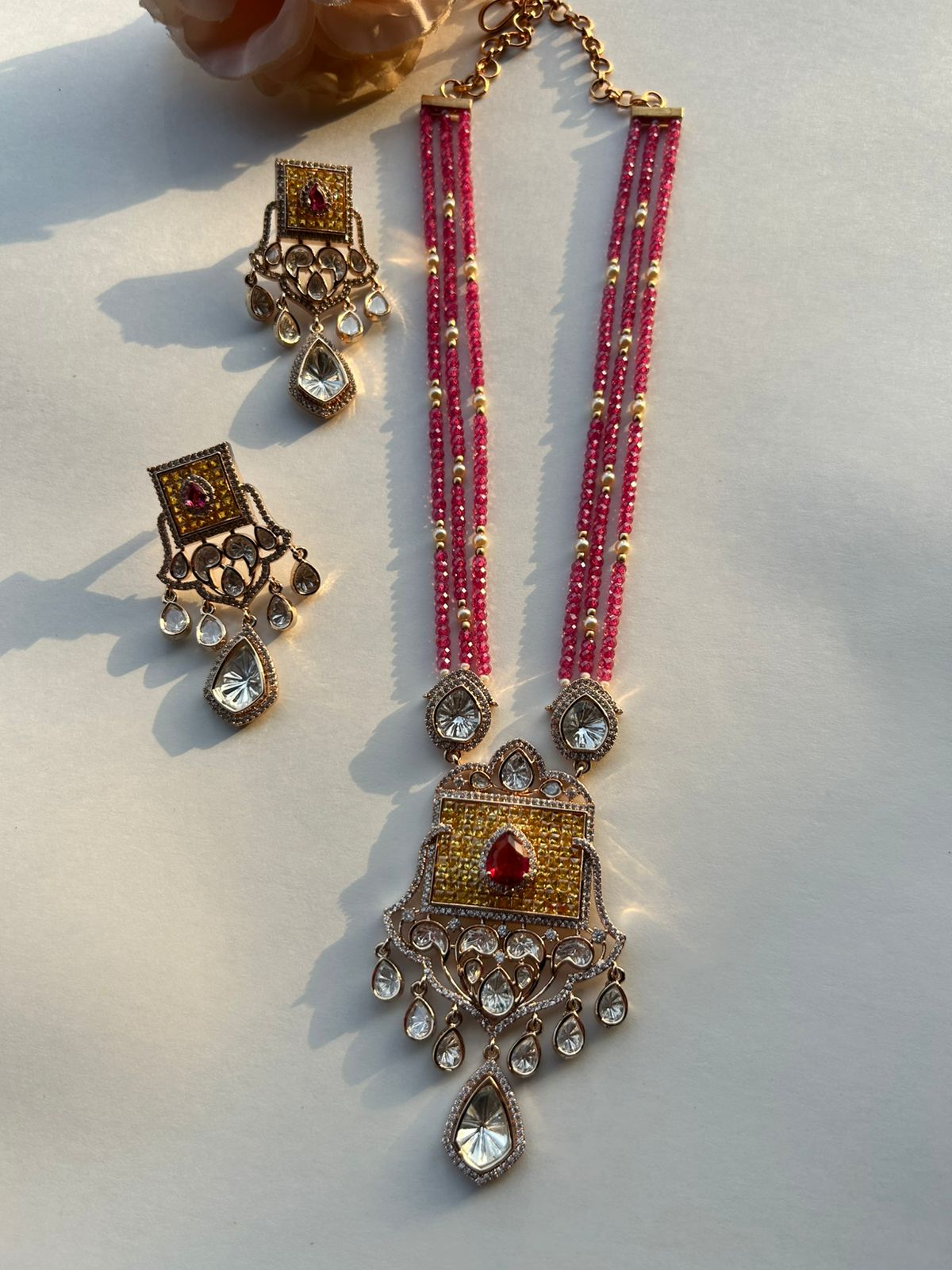 Yellow Pink Chauki Necklace Set VNN647