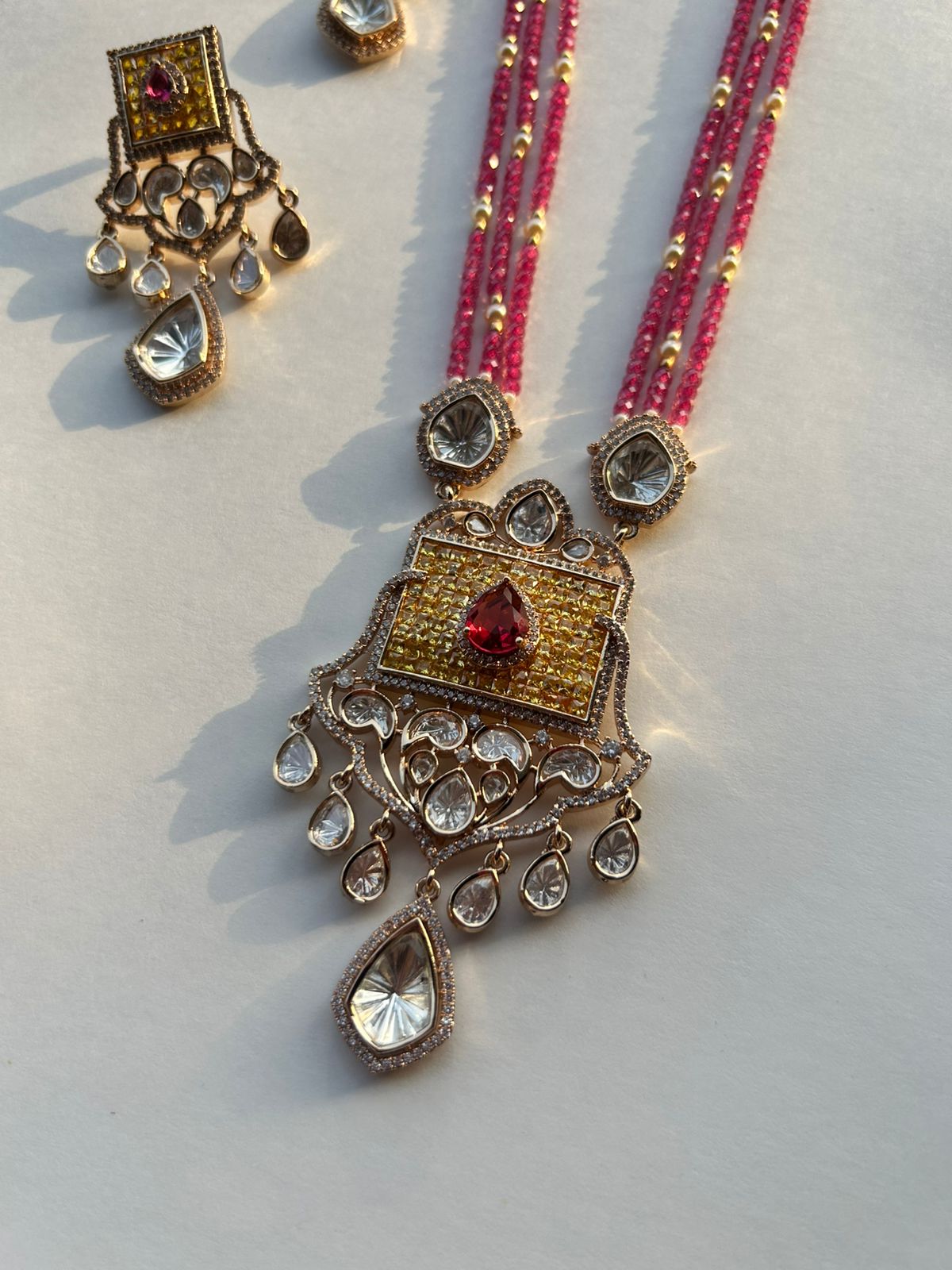Yellow Pink Chauki Necklace Set VNN647