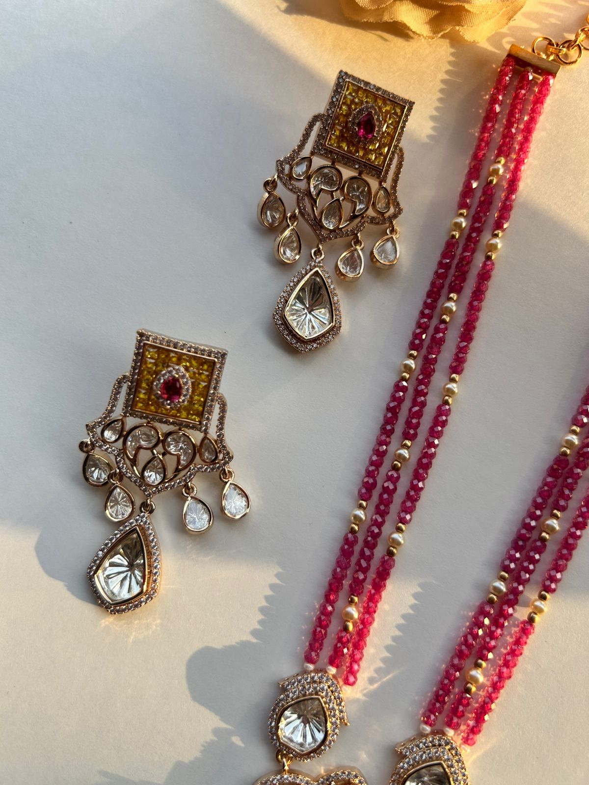 Yellow Pink Chauki Necklace Set VNN647