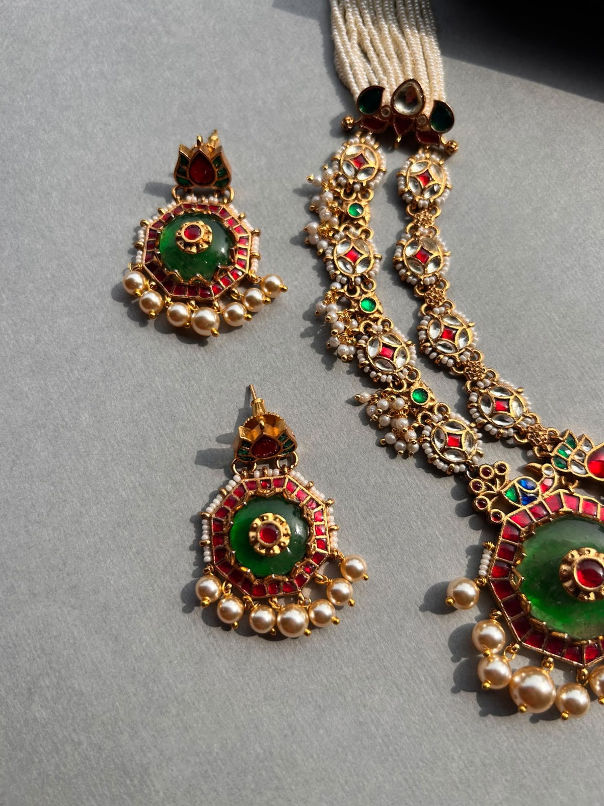 Emerald Floral Jadau Necklace Set VNN683