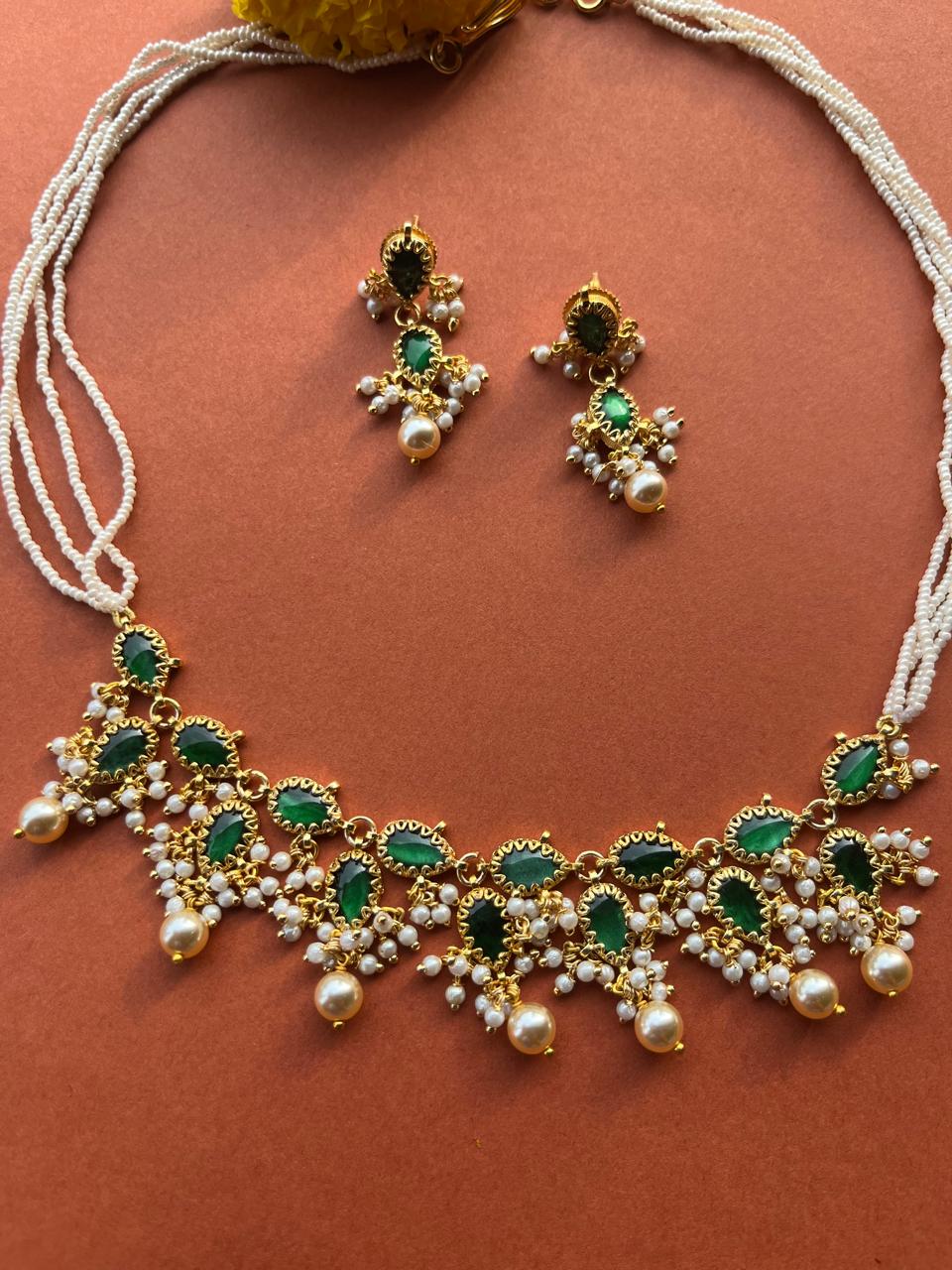 Green Leaf Jadau Necklace Set VNN689