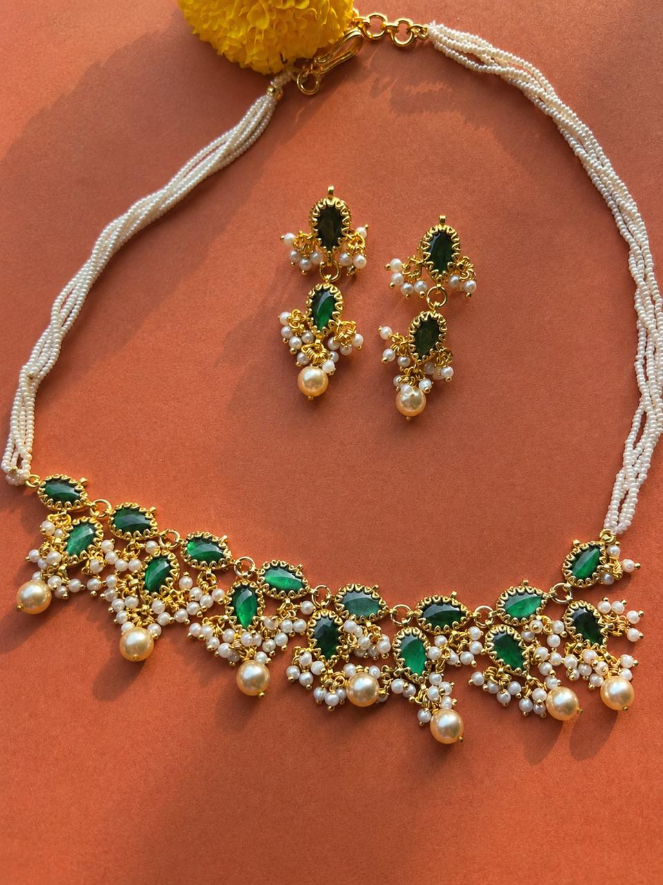 Green Leaf Jadau Necklace Set VNN689