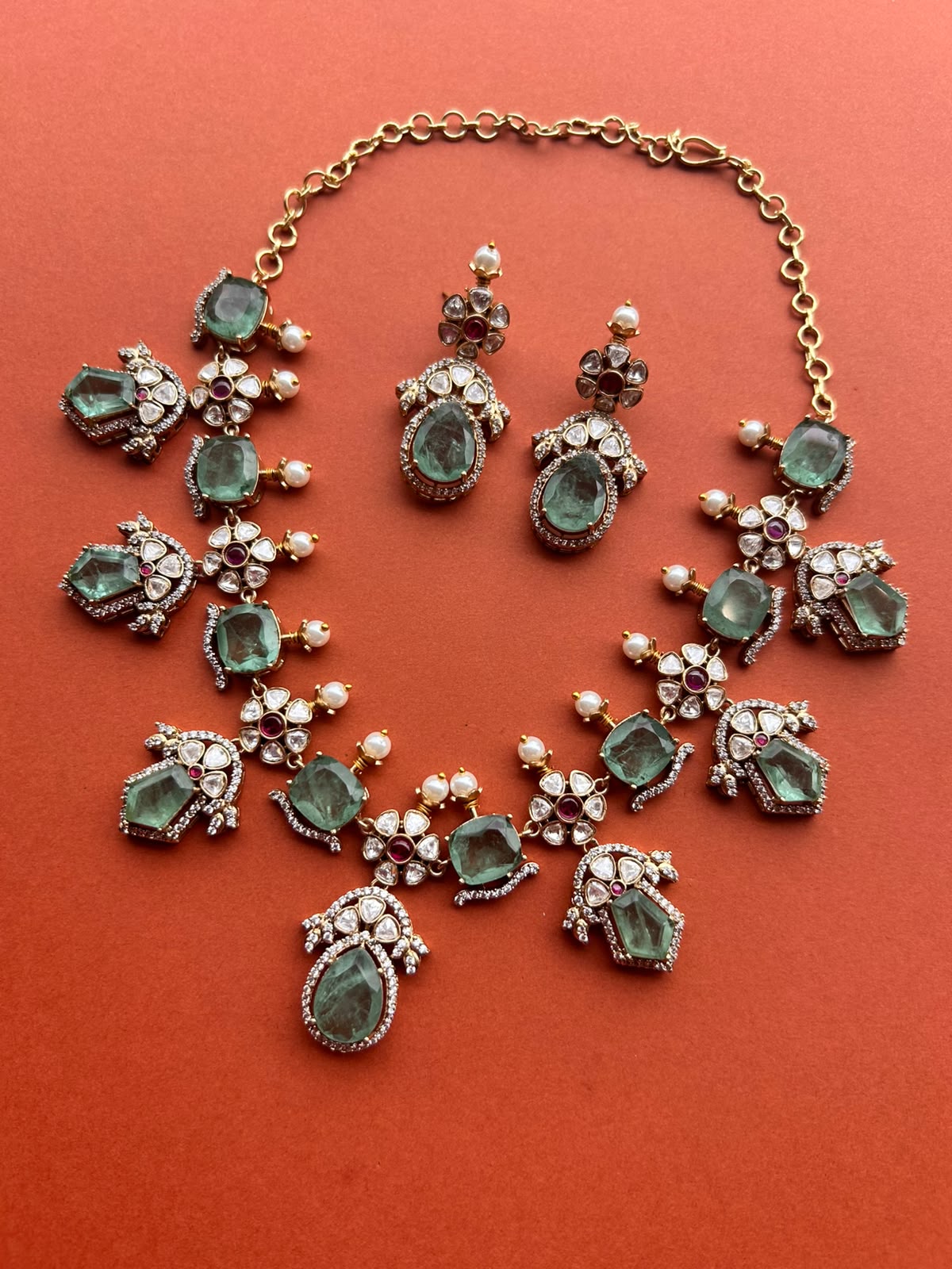 Mint Green & Flower Moissanite Necklace Set VNN708