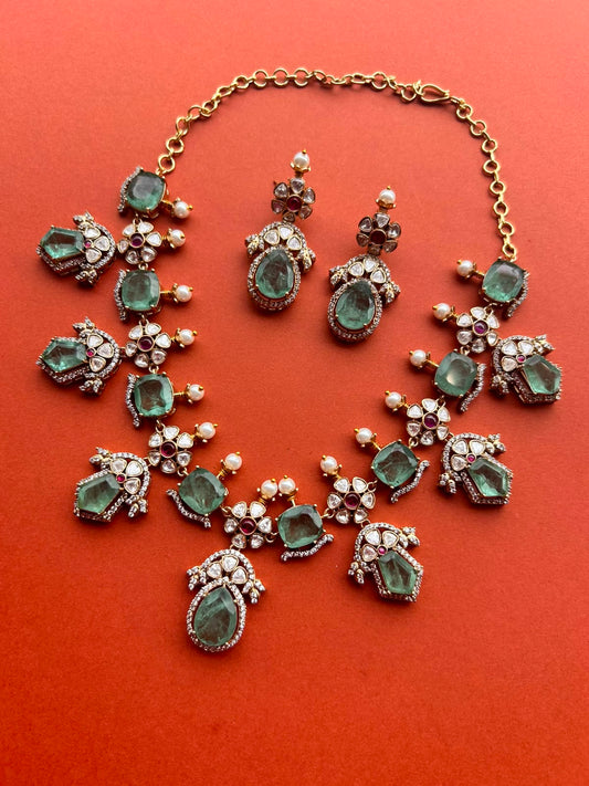 Mint Green & Flower Moissanite Necklace Set VNN708