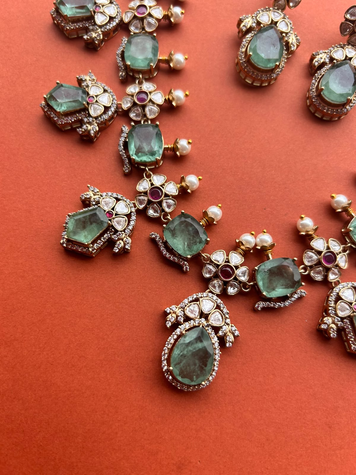 Mint Green & Flower Moissanite Necklace Set VNN708