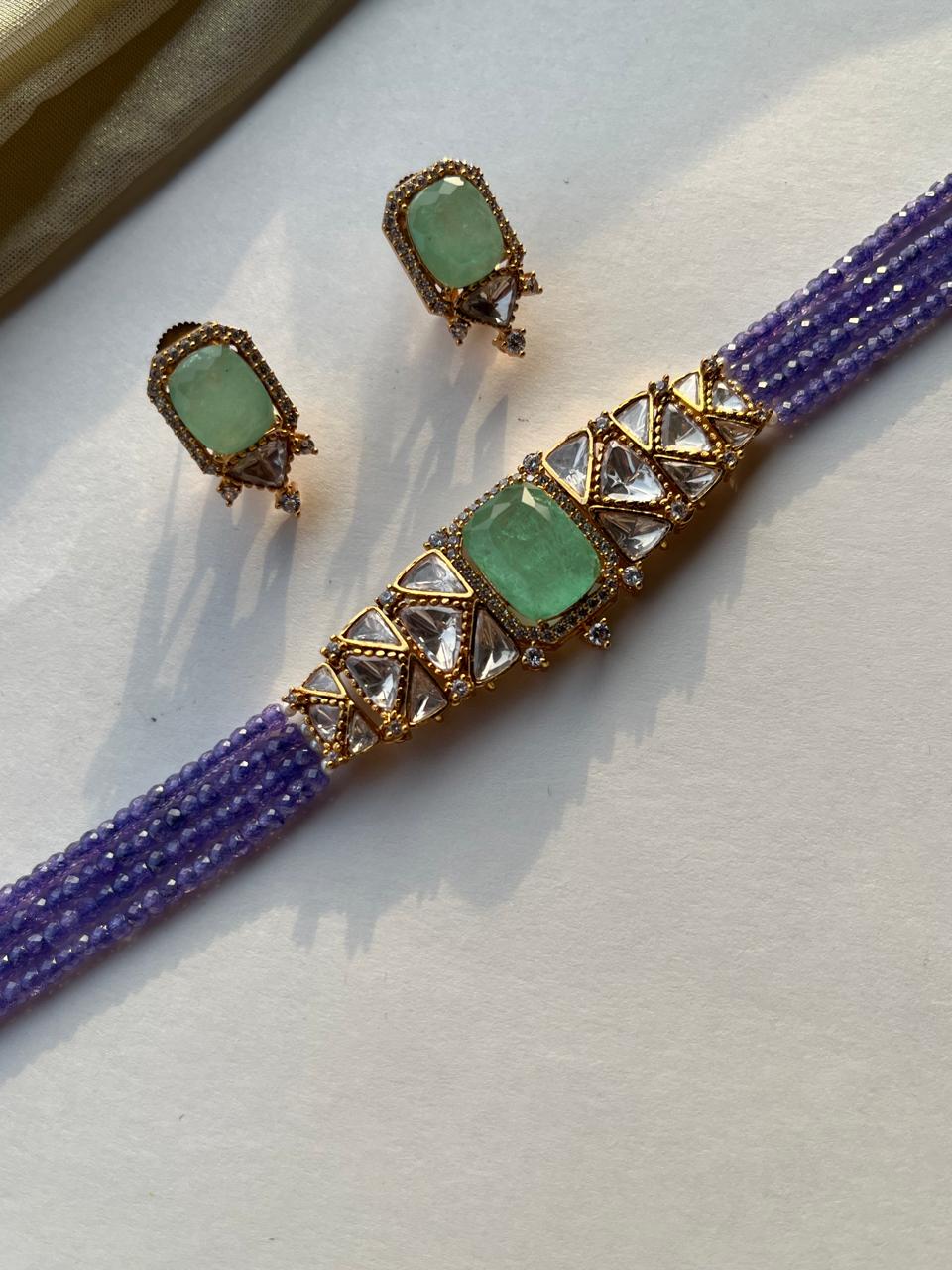 Mint Purple Polki Choker Set VNN722