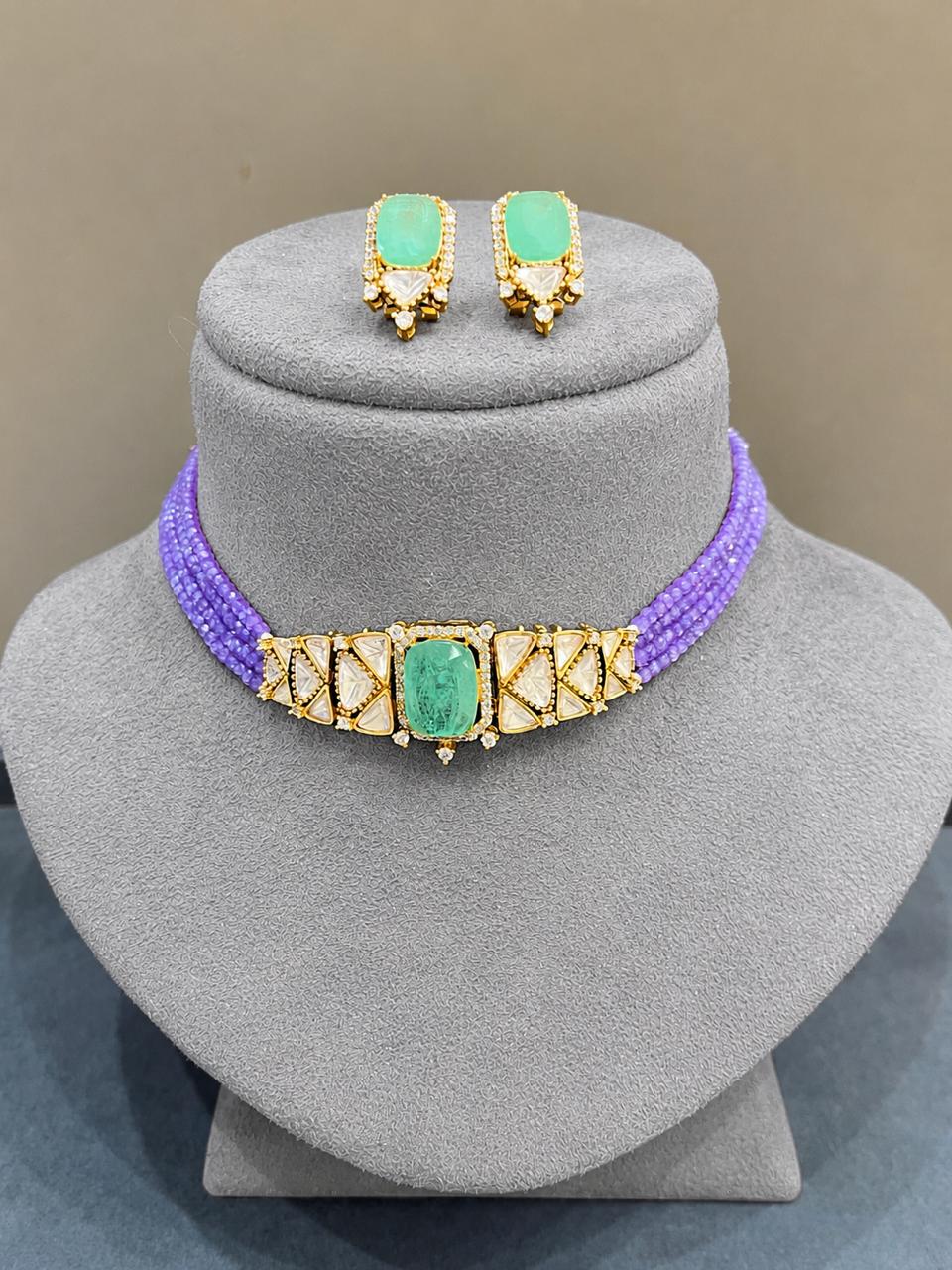 Mint Purple Polki Choker Set VNN722