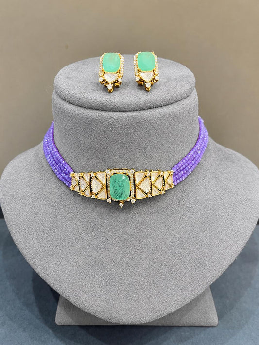 Mint Purple Polki Choker Set VNN722