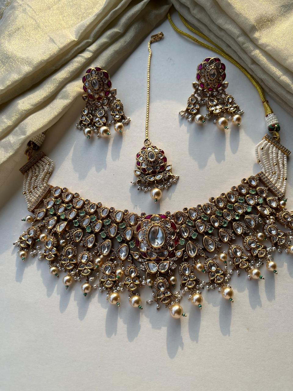 Mint Green Rubi Bridal Necklace Set With Tika VNN724