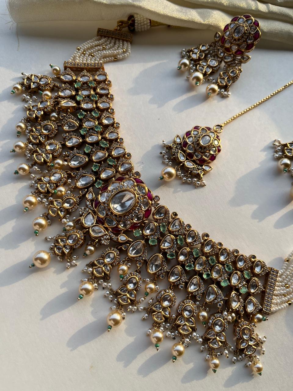 Mint Green Rubi Bridal Necklace Set With Tika VNN724