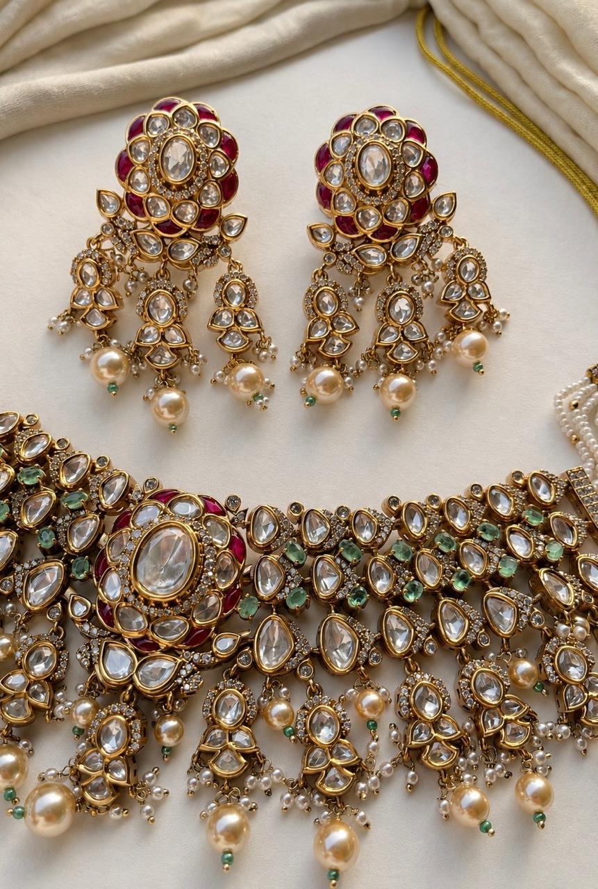 Mint Green Rubi Bridal Necklace Set With Tika VNN724
