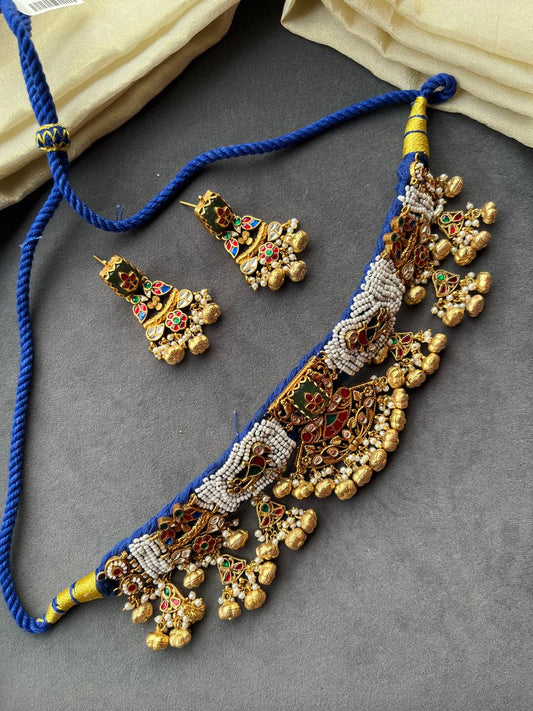 Blue Gadi Pata Heritage Necklace Set VNN735
