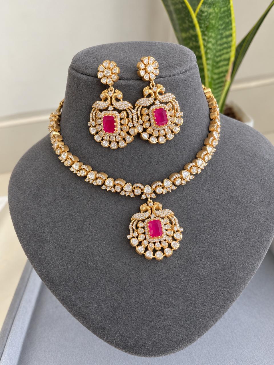 Peacock Ruby Polki Necklace Set VNN743