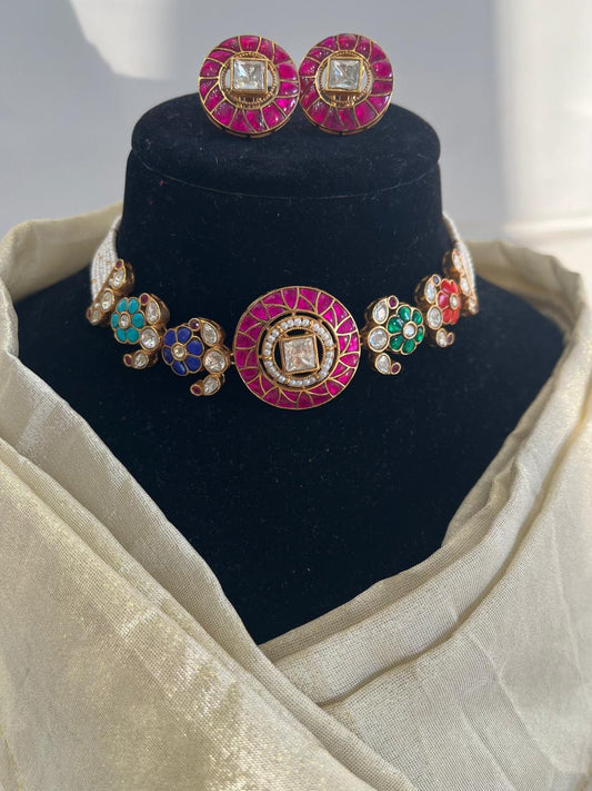 Navratna Flower Polki Choker Set VNN754