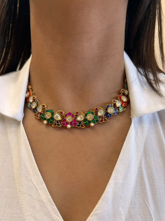 Navratna Peacock Polki Choker Set VNN755