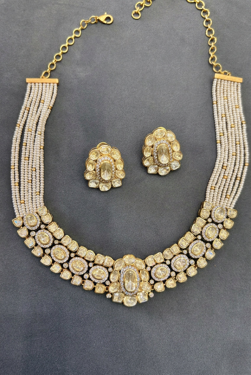 Yellow Polki Round Necklace Set- VNN756