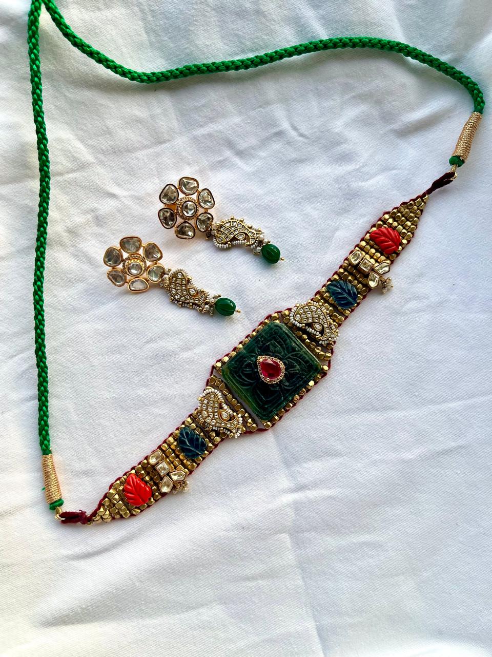 Green Carving Stone Vrunda Choker Set VNN759
