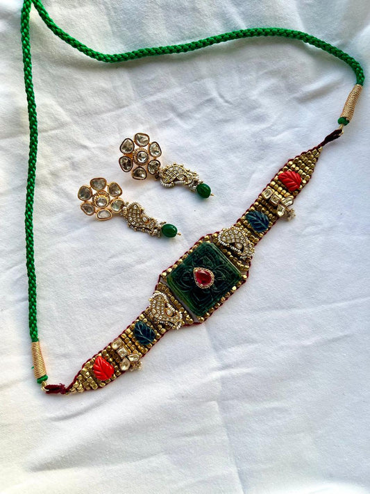 Green Carving Stone Vrunda Choker Set VNN759