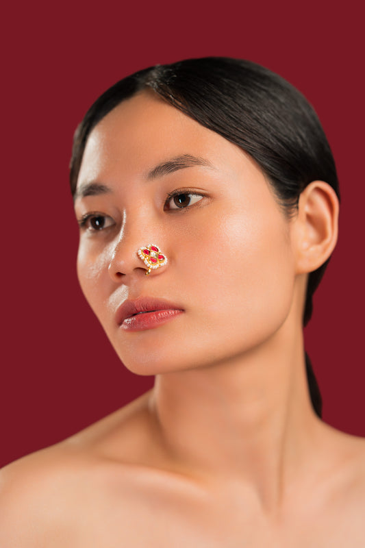 Maroon White Beads Nose Ring -VNNR014