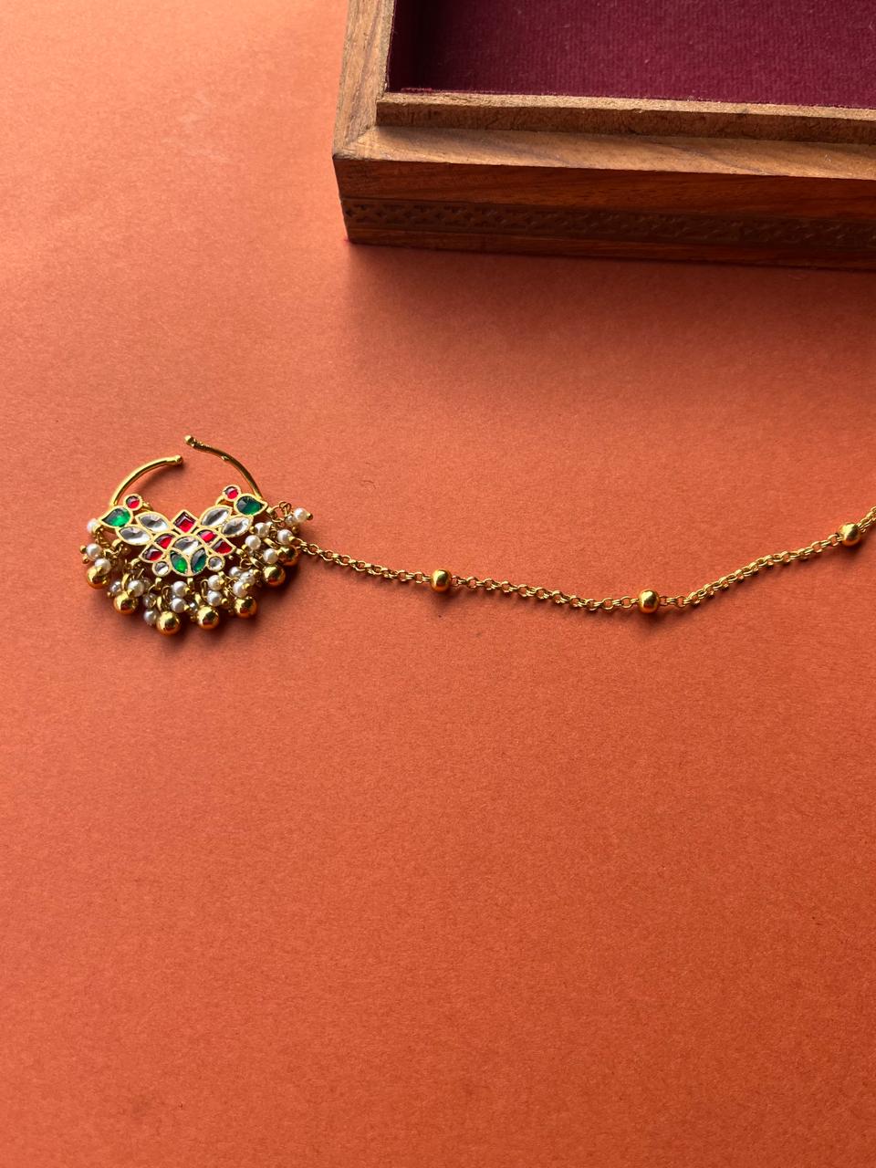 Multi Jadau Gold Chain Nose Ring VNNR043