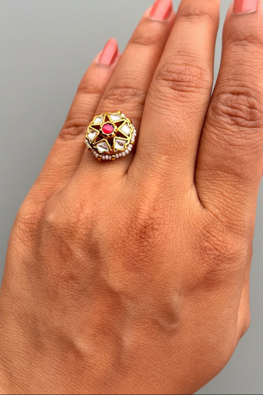 Red White Jadau Small Ring - VNR138