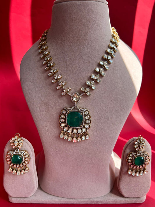 Green Stone Yellow Polki Necklace Set VNN392