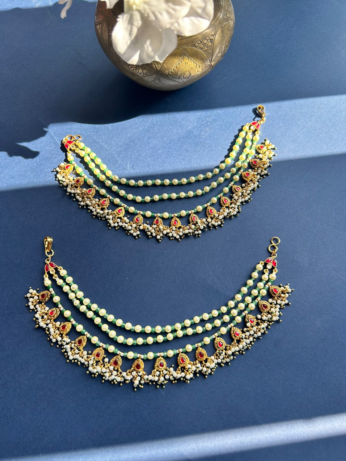 White green Pearl Jadau Earchain VNEC001