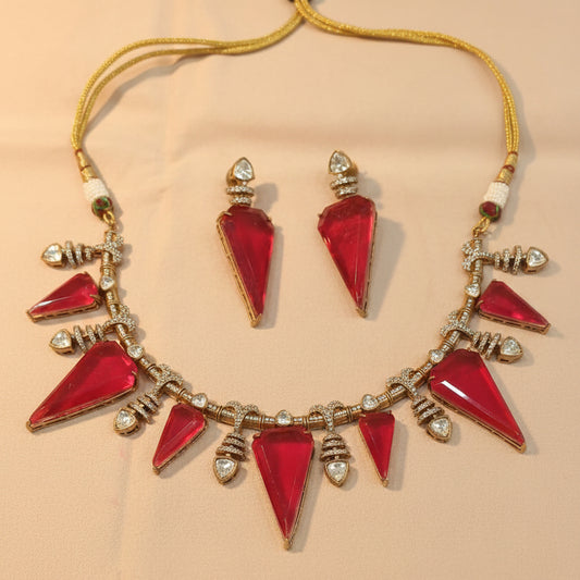 Red Triangle Stone Polki Necklace Set- VNN499