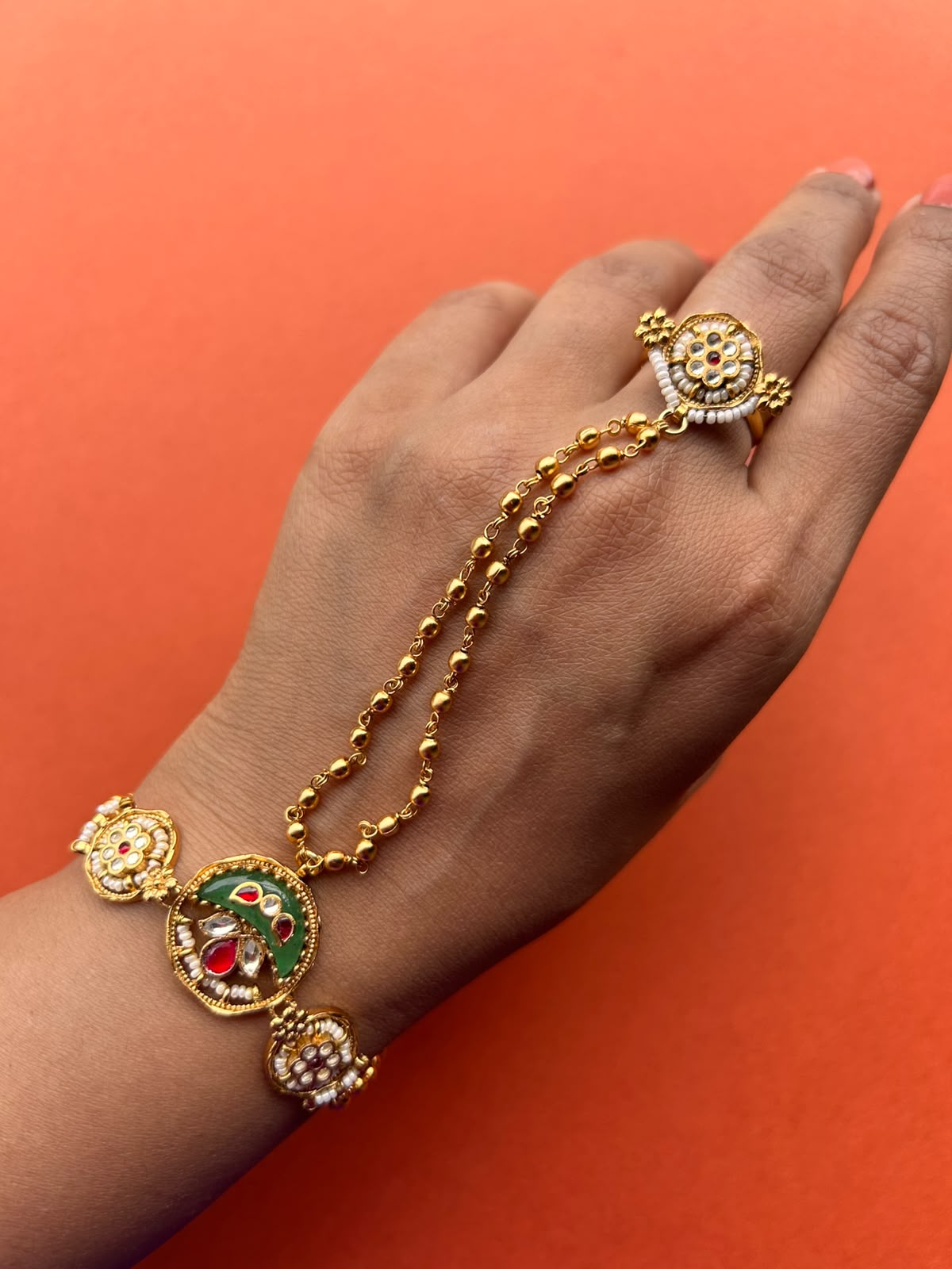 Gold Green Stone Jadau Hathphool VNHN287