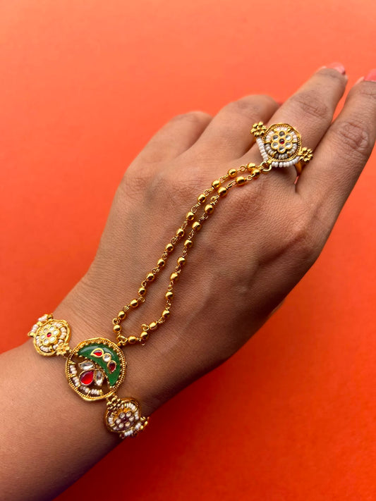 Gold Green Stone Jadau Hathphool VNHN287