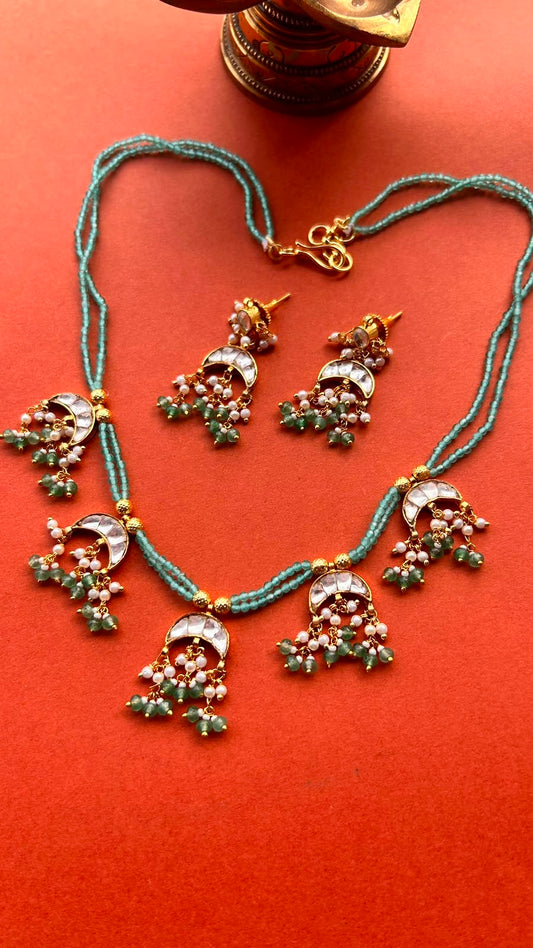 Chand Jadau Mint Pearl Hanging  Set VNN680