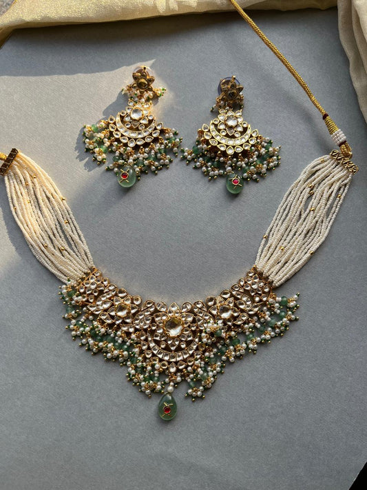 White Jadau Green Drop Necklace Set VNN732