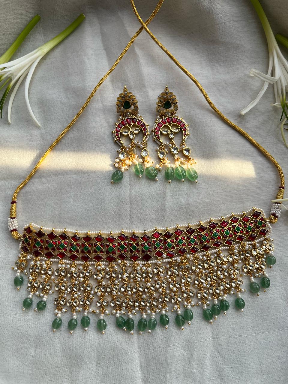 Red Green Jadau Jalar Bridal Necklace Set VNN588
