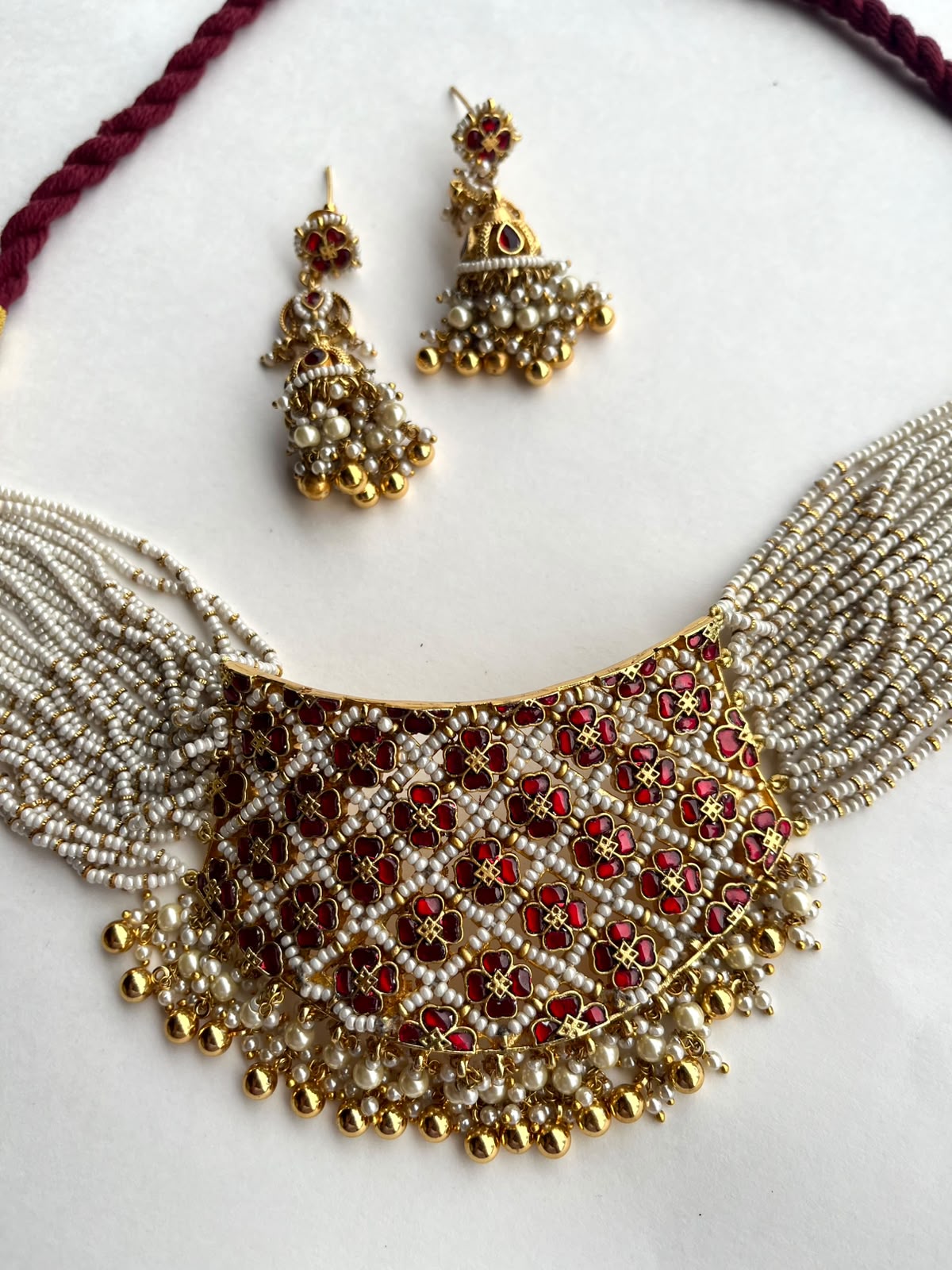 Red Floral Jadau Pearl Chokar Set VNN545