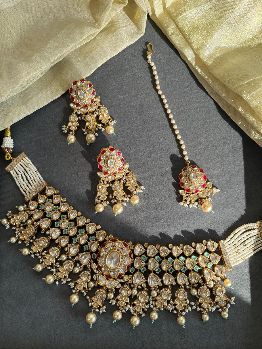 Mint Green Rubi Bridal Necklace Set With Tika VNN724