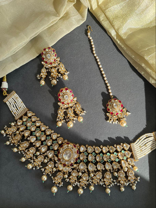 Mint Green Rubi Bridal Necklace Set With Tika VNN724